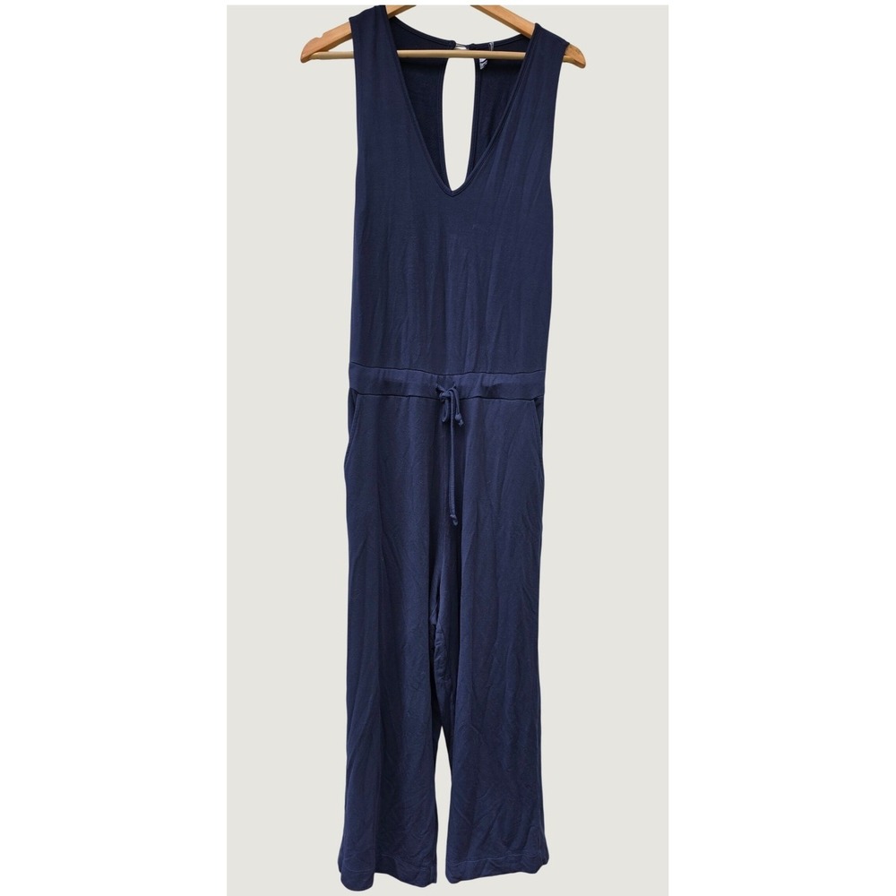 Quince French Terry Modal Jumpsuit Womens M Navy Blue Cropped Wide Leg Pockets